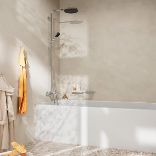 hansgrohe Pulsify S Puro - sistema de ducha ahorro de agua (EcoSmart) con termostato bañera, ducha lluvia (260 mm) con grifo bañera, ducha de mano, flexo, barra, ducha fija redonda, cromo, 24232000