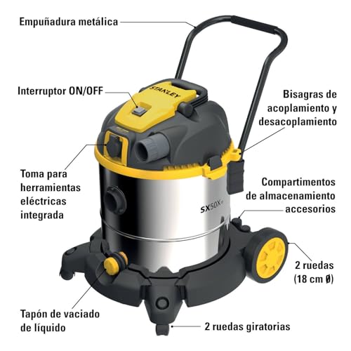 STANLEY SXVC50XTDE Aspirador Multiuso de sólidos y líquidos con Toma para Herramientas eléctricas integrada (1600 W, 50 l)