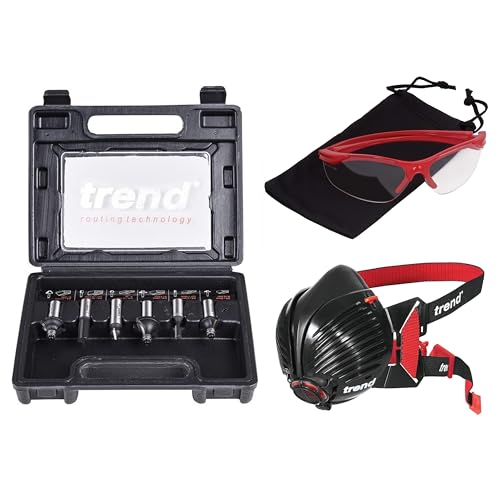 Trend T12 Kit de Inicio Definitivo para Fresado, T12EK/EU Fresadora de Inmersión de Velocidad Variable (2300W, 12mm, 230V), Juego de 6 Fresas de 12mm, Máscara y Gafas, T12/START/SET/E