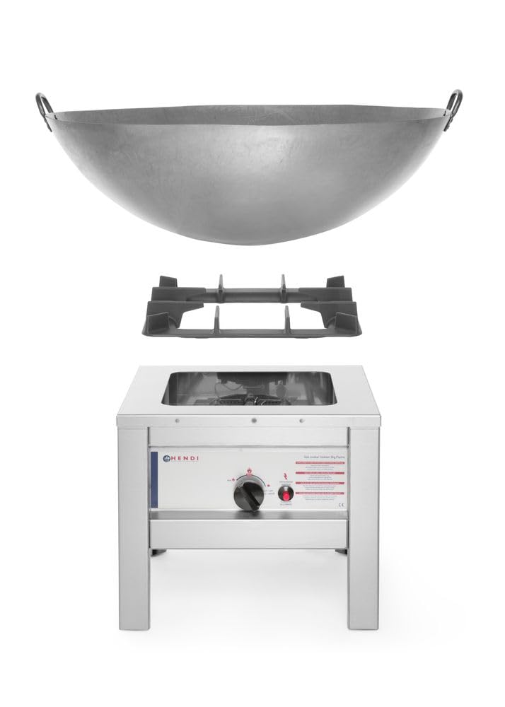 HENDI Fogón de gas, para interior y exterior, para gas propano, con termopar, encendido piezoeléctrico, aro del quemador de hierro fundido esmaltado, 6,7kW, 425x425x(H)400mm, acero inoxidable 18/0