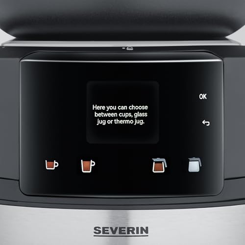 SEVERIN FILKA, cafetera de filtro totalmente automática, cafetera de filtro 5 en 1 con pantalla LED, molinillo, con jarra de cristal, negro mate/acero inoxidable, KA 9694