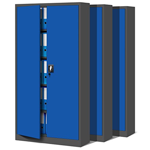 Jan Nowak Juego de 3 Armario de Oficina Archivador Armario de Herramientas Metálico 4 Estantes con Recubrimiento de Polvo Se Puede Cerrar 185 cm x 90 cm x 40 cm (Antracita-Azul)