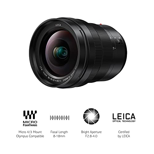 Panasonic LEICA DG VARIO-ELMARIT H-E08018 - Objetivo Gran angular para cámaras de montura M4/3 (Focal 8-18 mm, F2.8-F4, lentes asféricas, tamaño filtro 67 mm, resistente agua/polvo/congelación), negro