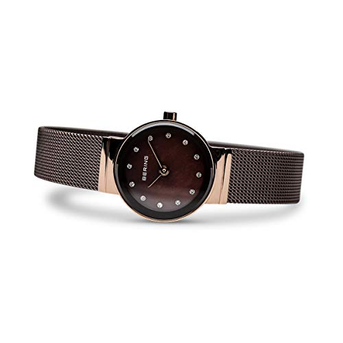 BERING 10122-265 Reloj de cuarzo para mujer con caja de acero inoxidable de 22 mm con acabado en oro rosa y esfera marrón, correa milanesa, cristal de zafiro y resistencia al agua de 3 ATM
