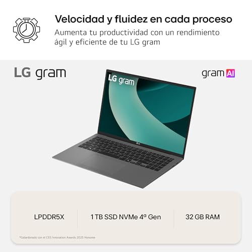LG gram 16Z90TL-G.AU88B Ordenador Portátil 16 Pulgadas Intel Core Ultra7 258V, 32 GB RAM, 1TB SSD, Panel IPS Antirreflejo, WQXGA, 1.305 g, 28.5 Horas, Windows 11 Home, Negro, Teclado QWERTY Español