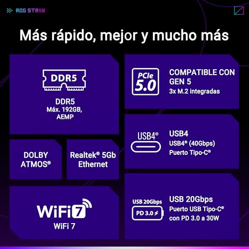 ASUS ROG Strix B850-E Gaming WiFi - Placa Base AMD, 16+2+2 etapas de Potencia, DDR5, Cinco Ranuras M.2, PCIe 5.0, WiFi 7, Puerto USB4 Tipo-C, USB 20 Gbps con PD 3.0 de hasta 30 W y Aura Sync RGB