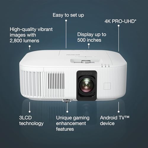 Epson EH-TW6250, Proyector 4K Pro-UHD Home Cinema & Gaming con Android TV, 2800 lúmenes, Contraste 35.000:1, Lámpara Larga Duración 7500 Horas, Pantalla hasta 500”, Tecnología 3LCD