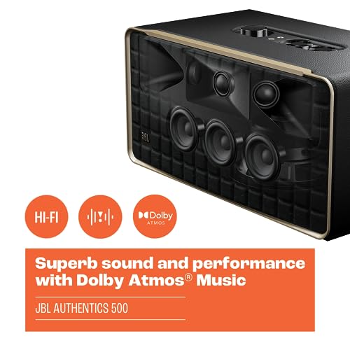 JBL Authentics 500, altavoz inteligente conectado de alta fidelidad, con WiFi, Bluetooth y asistente de voz, Dolby Atmos, diseño retro, negro
