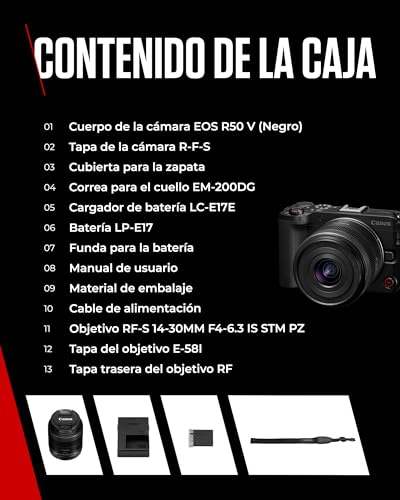 Canon EOS R50 V + RF-S 14-30mm F4-6.3 IS STM PZ - Cámara para Vlogging Compatible con Objetivos Canon RF | Ideal Vlogs y Viajes | Conexión Bluetooth