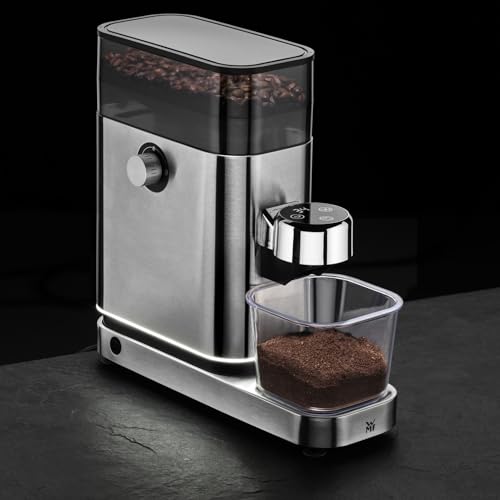 WMF Lumero - Molinillo de café espresso eléctrico, 150 W, botones táctiles LED, 40 grados de molienda, contenedor de harina de café, acero inoxidable Cromargan mate