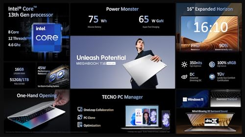 Portátil - Tecno T16 MEGABOOK, 16" Full HD IPS, Intel® Core™ i9-13900HK, 16GB RAM, 512GB SSD, Gráficos Intel® Iris® Xe, WiFi 6, Windows 11 Home, Gris, Todo Aluminio, Teclado QWERTY Español