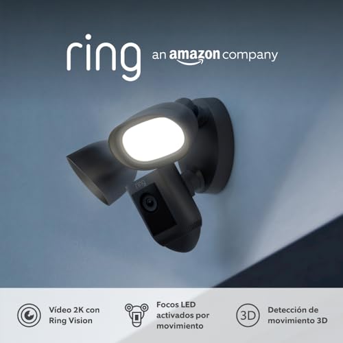 Ring cámara Pro con focos cableada (Floodlight Cam Wired Pro) | Cámara exterior con vídeo 2K, Ring Vision, detección de movimiento 3D, (alternativa al CCTV) | 30 días de prueba gratuita de Ring Home