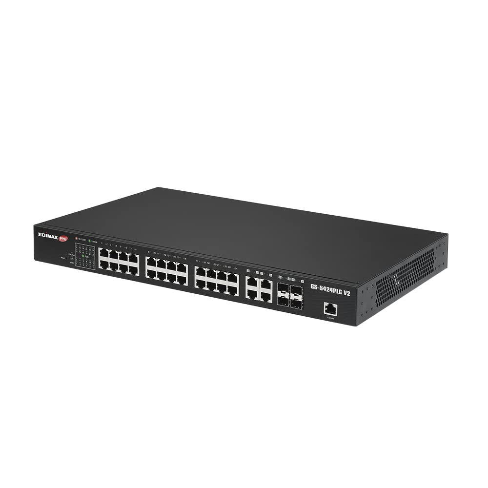 Edimax GS-5424PLC V2 - Conmutador Web Inteligente de Largo Alcance con 28 Puertos Gigabit PoE+, 4 Puertos Gigabit Combo RJ45/SFP