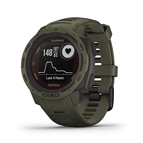 Garmin Instinct Tactical Solar, Reloj inteligente con GPS resistente al agua, func. tácticas, función de carga solar, func. deportivas, pulsioximetría y notificaciones del smartphone, Verde Militar