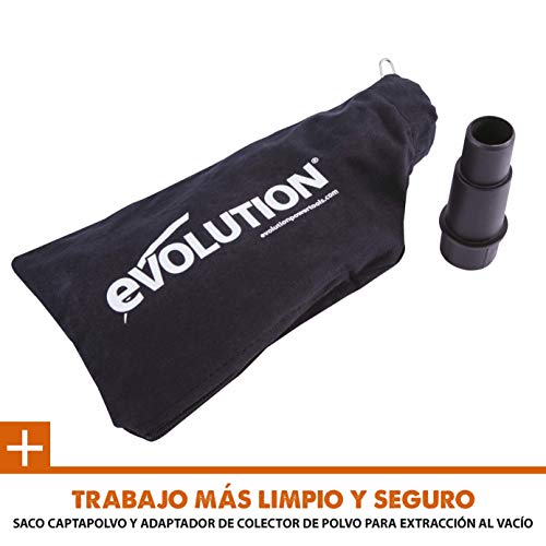 Evolution Power Tools R210SMS+ Ingletadora deslizante multimaterial de 210 mm, con paquete Plus, Corta acero dulce, aluminio, plástico, madera con clavos incrustados, 230 V