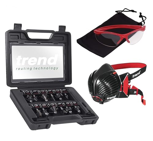Trend T5 Kit de Inicio Definitivo para Fresado, T5EK/MK2/EU Fresadora de Inmersión de Velocidad Variable (1000W, 8mm, 230V), Juego de 12 Fresas de 8mm, Máscara y Gafas, T5/START/SET/E