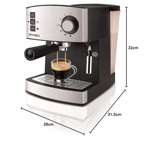 Minimoka - Cafetera espresso | 2 cacillos para 1 o 2 cafés | 15 bar | 850W | Vaporizador | 1.6L | Café molido o monodosis | Bandeja calienta tazas | Filtro Extra Cream | Inox