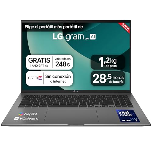 LG gram 16Z90T-G.AD88B Portátil 16 Pulgadas, WQXGA IPS, Intel Core Ultra7, 3GB RAM, 1TB SSD, 1.199 g, Antirreflejo, Batería hasta 22.5h, Windows 11, Negro