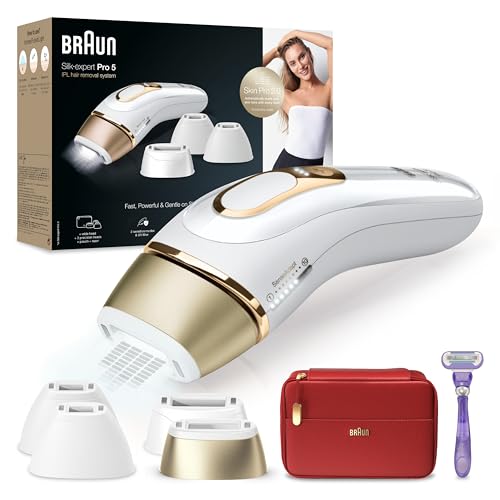 Braun Silk-expert Pro 5 Depiladora Láser Mujer/Hombre Luz Pulsada IPL, Alternativa a la Depilación Láser ,Cabezal de Precisión + Maquinilla de Afeitar Venus, PL5387, Dorada/Blanca