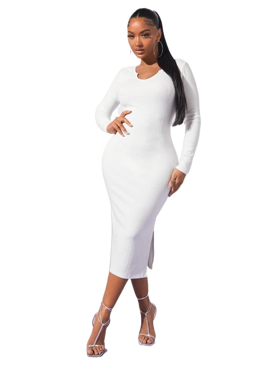 Solid Split Back Bodycon Dress (Color : White, Size : X-Small)