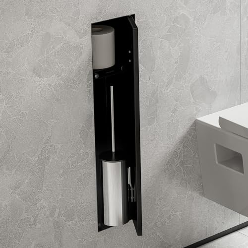 hansgrohe XtraStoris Rock, escobillero baño empotrado con repisa y puerta alicatable, nicho de pared baño, escobilla wc empotrada, escobilla baño empotrada, accesorios baño, negro mate, 56060670