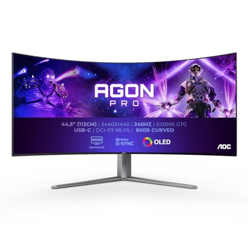 AOC Agon Pro AG456UCZD - Monitor Gaming Curvo OLED WQHD, 240 Hz, 0,03 ms GtG, HDR10, FreeSync Prem. Pro, compilación G-Sync. (34440x1440, HDMI 2.0, DisplayPort 1.4, USB-C, concentrador USB) Negro