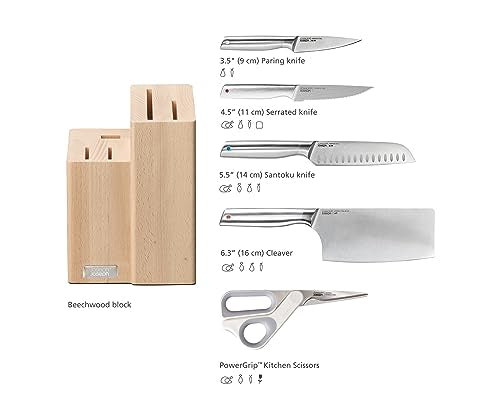 Joseph Joseph Fusion Cuchillos de Cocina Profesionales, Cuchillo Carnicero y Tijeras, Acero Inoxidable Japones, 5 piezas, Bloque de Madera