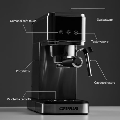 G3 Ferrari G10189 Tiffany Máquina de Café Espresso, 15 Bares, Calientatazas, Compatible con Monodosis y Café Molido, Función de Stop, Vaporizador para Capuchino, 3 Filtros IOX, Depósito de 1L, Gris