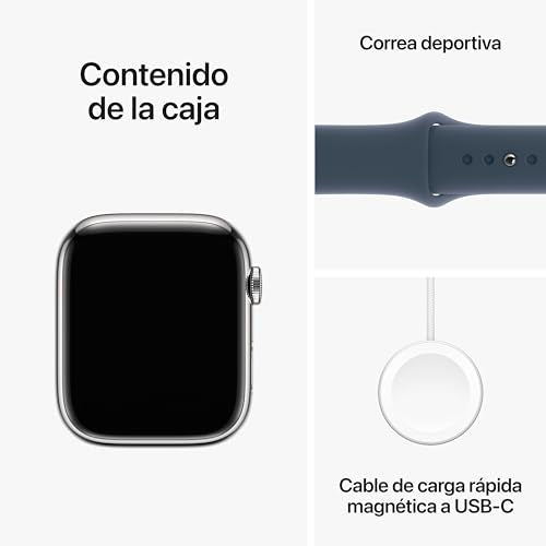 Apple Watch Series 9 (GPS + Cellular) - Caja de Aluminio en Plata de 45 mm - Correa Deportiva Azul tempestad - Talla S/M