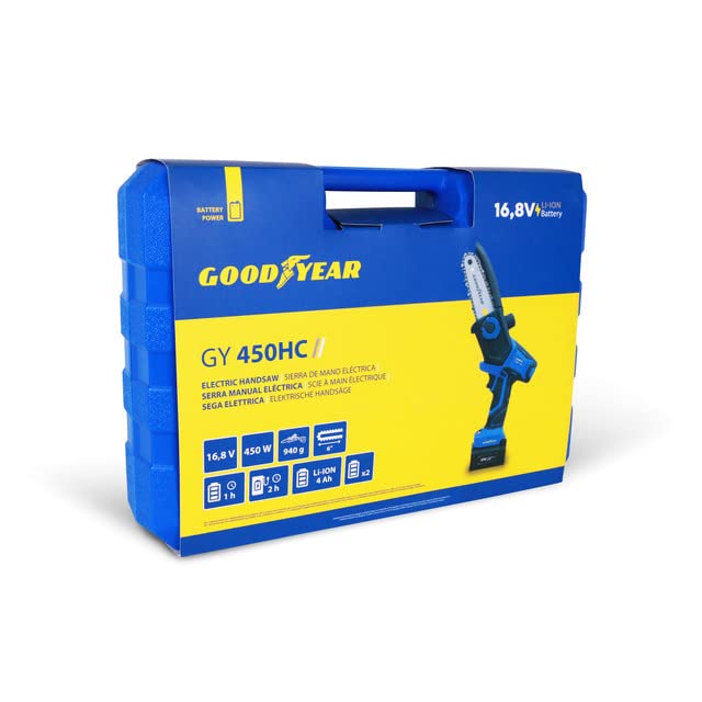 Goodyear - Sierra Podadora Eléctrica 450W con 2 Baterías 16,8V Corte Máximo 150mm Cadena ¼’’ 4000 rpm Velocidad 11 m/s Cargador y Kit de Herramientas Incluidos