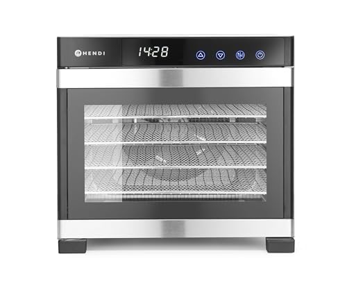 HENDI Deshidratador de alimentos, con 6 bandejas, secador eléctrico de frutas y verduras, temporizador de 24 hrs, temperatura regulable 35°-75°C, 230V, 600W, 340x450x(H)311mm, acero inoxidable, PP