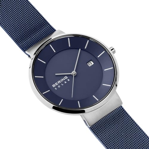 BERING 14639-307 Reloj solar para hombre con caja de acero inoxidable plateado de 39 mm y esfera azul, correa milanesa, cristal de zafiro y resistencia al agua de 5 ATM