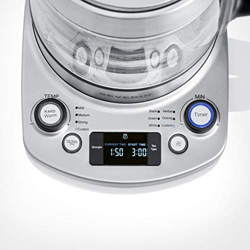 SEVERIN - Hervidor de té y agua de cristal con elevación automática, 1.7 L, 3000 W, Elemento calefactor oculto por placa de acero inoxidable, acero inoxidable y cristal, WK 3422