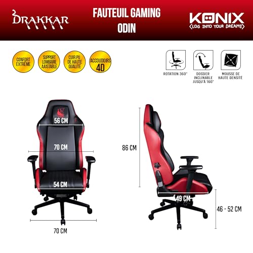 Konix Drakkar Silla de Oficina Gaming Odin - Inclinación del Asiento 160° - Cuero de Poliuretano Liso - Motivo Vikingo - Negro y Rojo