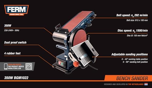 FERM Lijadora de banda - 350W - 150mm - Incluye 2 bandas de lijado (P80 y P120) y 2 discos de lijado (P80 y P120)