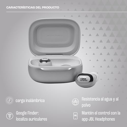 JBL Live Buds 3 Auriculares inalambricos de botón,True Wireless con cancelación de ruido adaptable, hasta 40 horas de reproducción, Bluetooth, audio de alta resolución, plateado