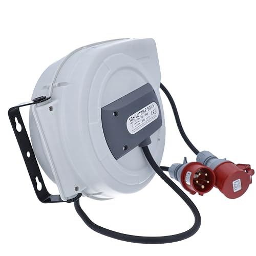 as - Schwabe CEE Carrete de cable retráctil automático 10 m H07RN-F 5G1,5-400V/16A/5 polo - Enrollador de manguera - 180° Giratorio - 1 m de cable de conexión - desmontable - para exterior, 12648