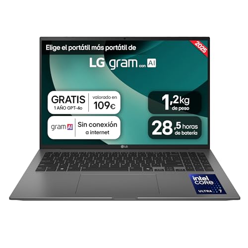 LG gram 16Z90TL-G.AU88B Ordenador Portátil 16 Pulgadas Intel Core Ultra7 258V, 32 GB RAM, 1TB SSD, Panel IPS Antirreflejo, WQXGA, 1.305 g, 28.5 Horas, Windows 11 Home, Negro, Teclado QWERTY Español