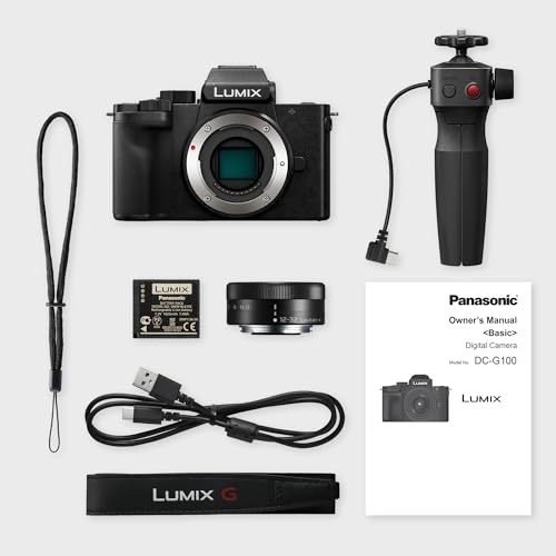 Panasonic Lumix DC-G100DVEGK Cámara Micro Cuatro Tercios sin Espejo con Lente Lumix G Vario 12-32mm F3.5-5.6 y Trípode DMW-SHGR2, 20.3MP, Vídeo 4K 30p/FHD 60, Cámara Vlogging, Carga con USB-C, Negro