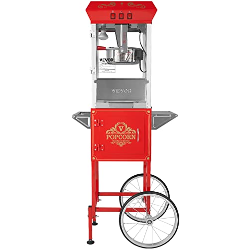 VEVOR Máquina para Hacer Palomitas de Maíz con Carrito, 850 W, Hervidor de 8 oz Que Prepara 48 Tazas por Tanda, con Vidrio Templado, Incluye 4 Palas, Estilo Cine, Color Rojo, 610 x 410 x 1395 mm