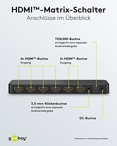 goobay 58479 HDMI Matrix Switch 4 a 2/Divisor Matrix Switch 4k @ 60 Hz/con mando a distancia para reproductor de Blu Ray, Xbox, PS5 y TV/conmutador de 4 entradas y 2 salidas,Schwarz