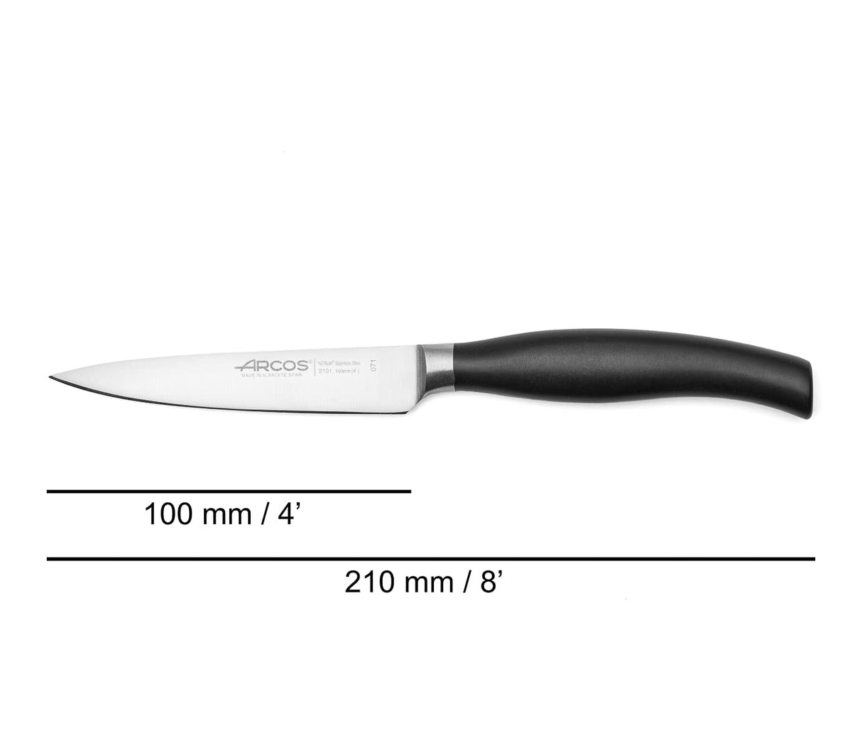 Arcos Juego Cuchillos Cocina Forjados 4 Piezas (Cuchillo Pelador + Cuchillo Cocina + Cuchillo Chef + Cuchillo Pan) Acero Inoxidable Nitrum, Mango Polipropileno POM, Serie Clara, Color Negro