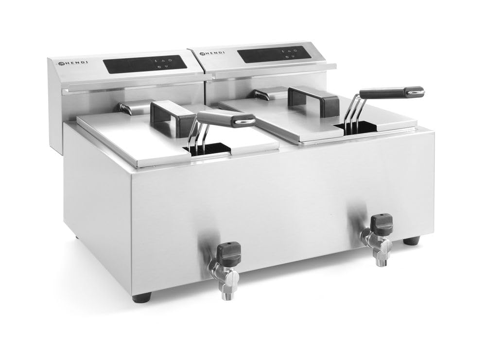 HENDI Freidora eléctrica digital, ajustable de 25°C a 195°C, termostato de seguridad, zona fría, con tapa y cesta de freír, grifo de drenaje, 2x8L, 230V, 3500W, 605x515x(H)345mm,acero inoxidable 18/0