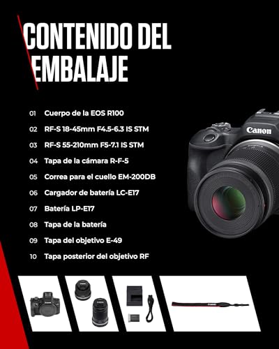 CANON EOS R100 Cámara Mirrorless + Objetivo RF-S 18-45 mm F4.5-6.3 IS STM + RF-S 55-210 mm F5-7.1 IS STM, Cámara Evil APS-C (24,1 MP) -4 EV, Vídeo 4K 25 fps, Dual Pixel CMOS AF, Negro