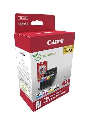 Canon CLI-551XL, Cartucho de Tinta Original, Multipack, 4 Cartuchos de Tinta Independientes, Color Negro, Magenta, Cian, Amarillo, Incluye 50 Hojas Papel Fotográfico 4 x 6