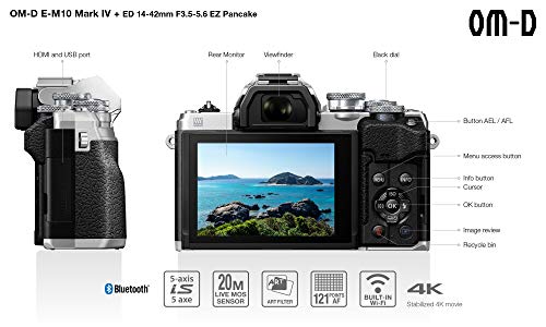 Kit de cámara del Sistema Micro Four Thirds Olympus OM-D E-M10 Mark IV, Sensor de 20 Mpx, Visor electrónico, vídeo 4K, Wi-Fi, Plata, Incluye el M.Zuiko Digital ED 14-42mm F3.5-5.6 EZ Pancake Plata