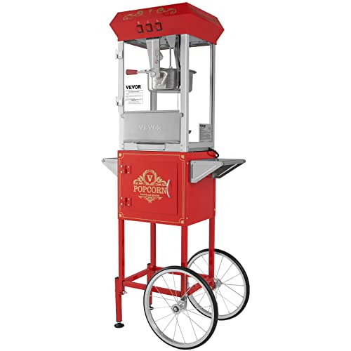 VEVOR Máquina para Hacer Palomitas de Maíz con Carrito, 850 W, Hervidor de 8 oz Que Prepara 48 Tazas por Tanda, con Vidrio Templado, Incluye 4 Palas, Estilo Cine, Color Rojo, 610 x 410 x 1395 mm