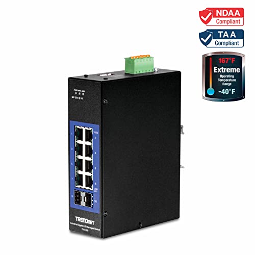 TRENDnet, TI-G102i, Conmutador DIN-Rail Industrial Gigabit L2 Administrable de 10 Puertos, 8 Gigabits, 2 SFP, Montaje en Riel DIN, IP30, Divisor Ethernet, Negro