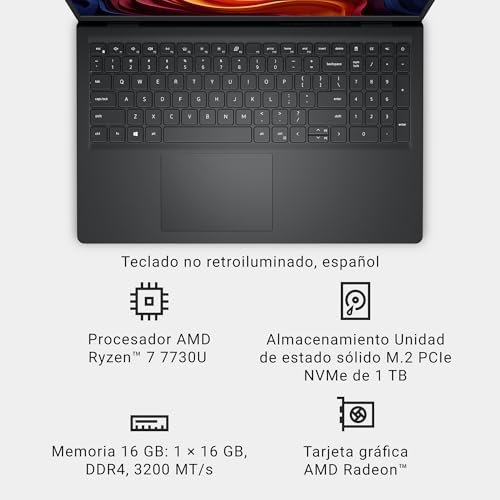 Dell 15 Portátil DC15255 – 15,6" FHD 120Hz, AMD Ryzen 7 7730U, 16GB RAM, 1TB SSD, AMD Gráficos Radeon™, Webcam HD, Windows 11 Home, Teclado QWERTY Español, Color Negro