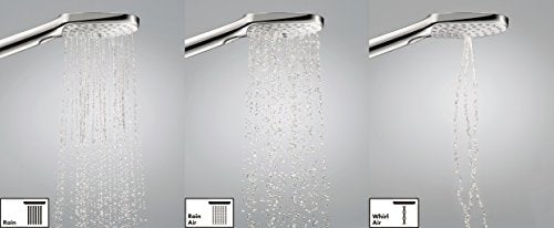 hansgrohe Raindance Select E - sistema de ducha con termostato, ducha lluvia (300 x 190mm) con grifo, ducha de mano (3 tipos de chorro), flexo, barra, ducha fija rectangular, cromo, 27127000
